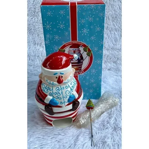 NIB NEW Boston Warehouse 7 PC HO HO HO Ceramic Santa Clause Fondue Set - Picture 6 of 14